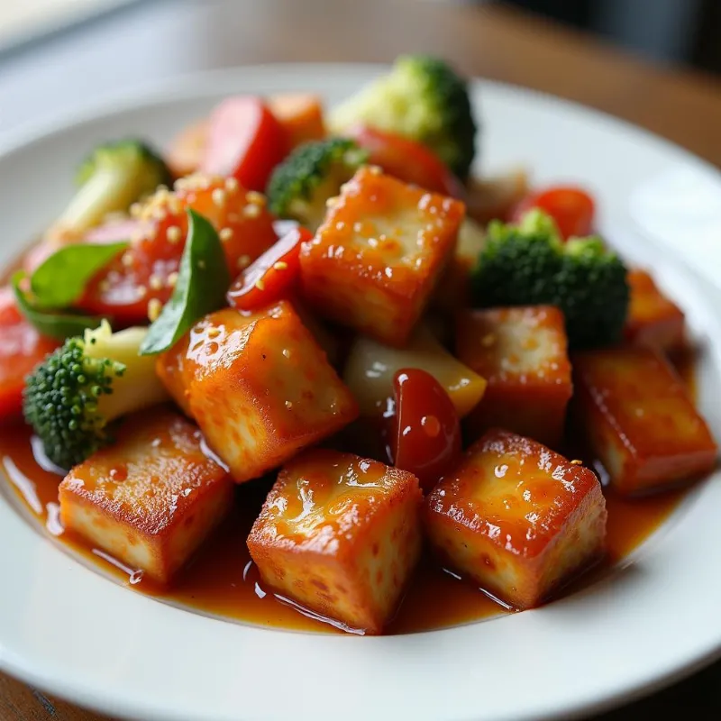 Vegan sweet and sour sauce served with tofu and vegetables