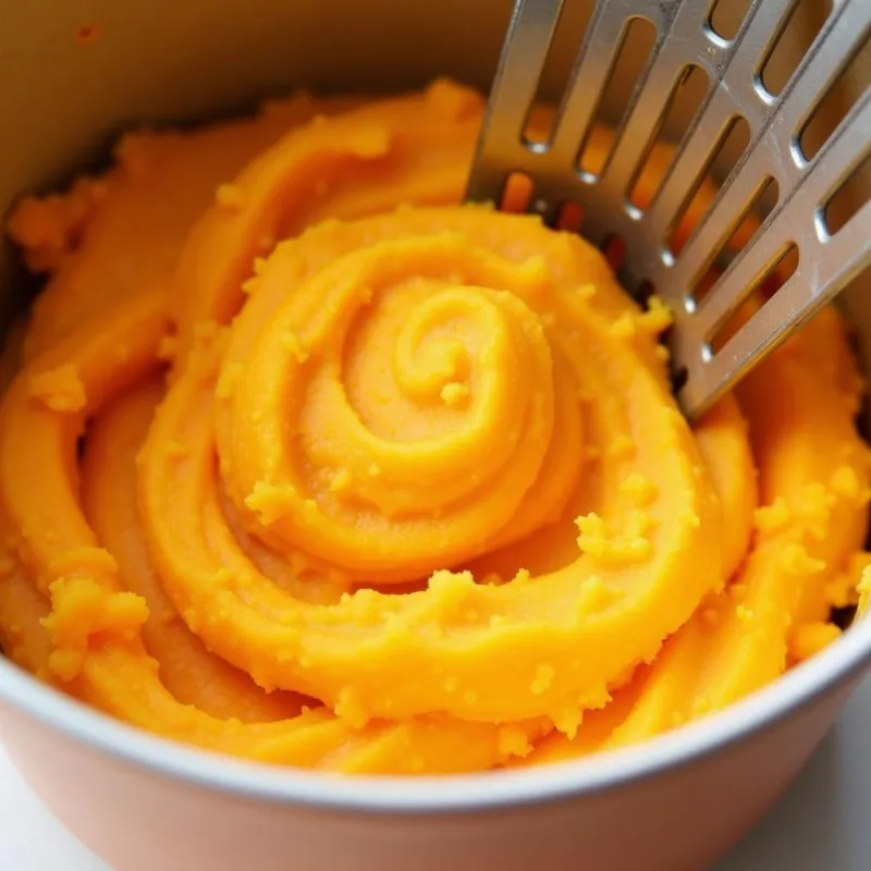 Vegan Sweet Mashed Potatoes Being Mashed