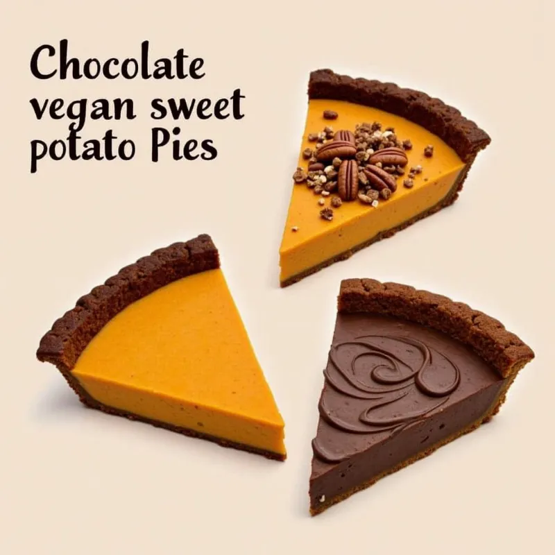 Different variations of vegan sweet potato pie, including pecan-topped, spiced, and chocolate