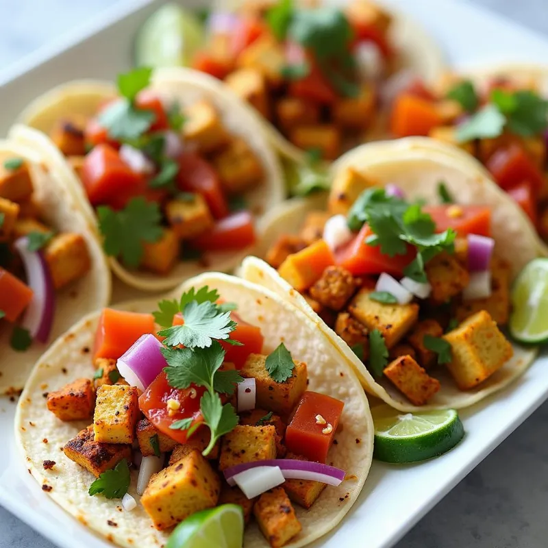 Vegan tacos with roasted vegetables and tofu.