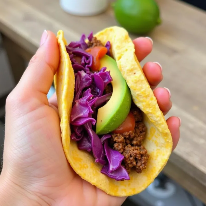 Close-up of a vegan taco topped with slaw