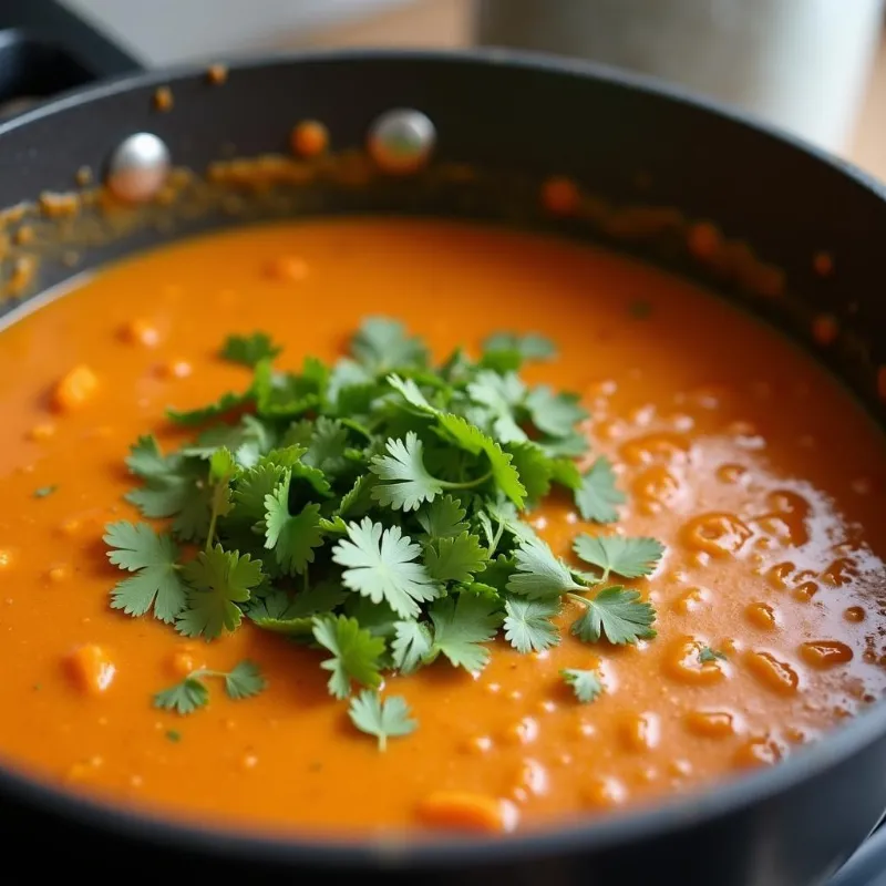 Cooking vegan Thai curry in a pot on a stovetop.