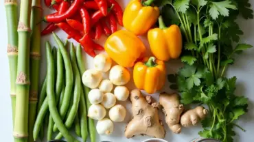 Vibrant vegan Thai curry ingredients arranged on a table