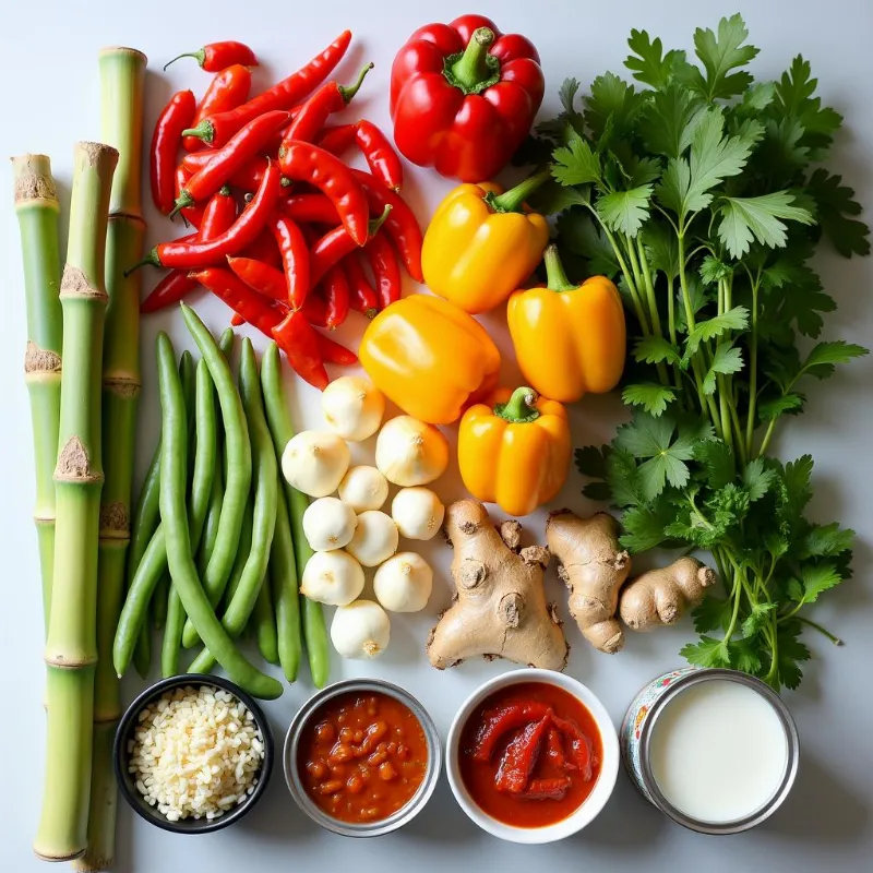 Vibrant vegan Thai curry ingredients arranged on a table