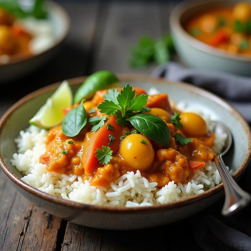 Vegan Thai curry served with rice in a bowl.