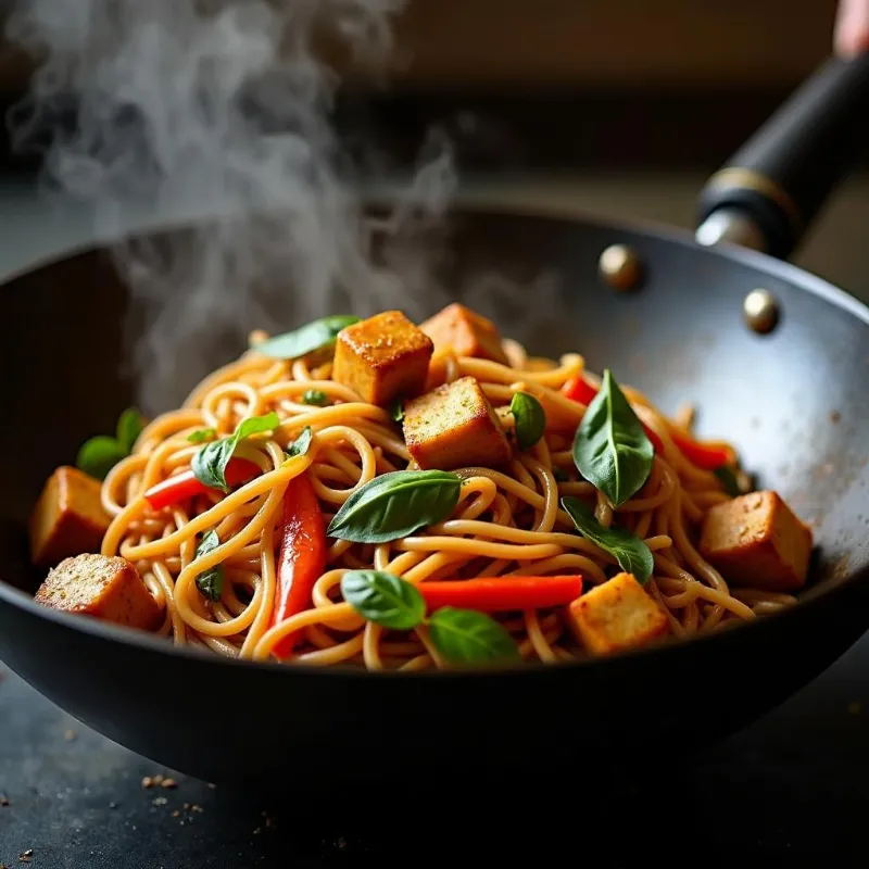 Vegan drunken noodles being stir-fried in a wok with tofu and fresh basil