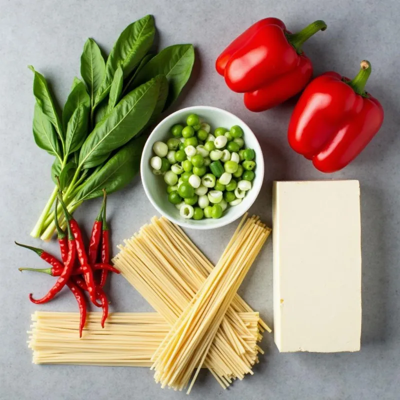 Colorful array of fresh ingredients for vegan thai drunken noodles