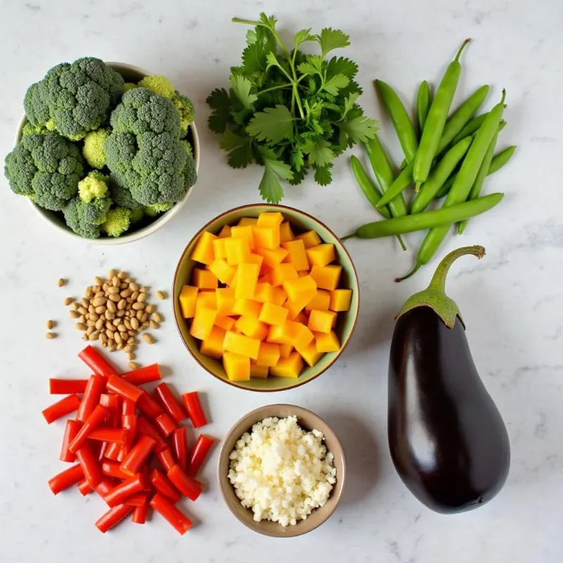 A colorful array of fresh vegetables and herbs for vegan Thai red curry