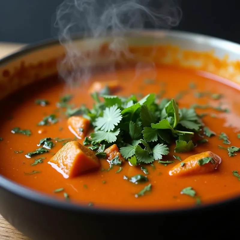 A pot of vibrant red curry simmering on the stovetop