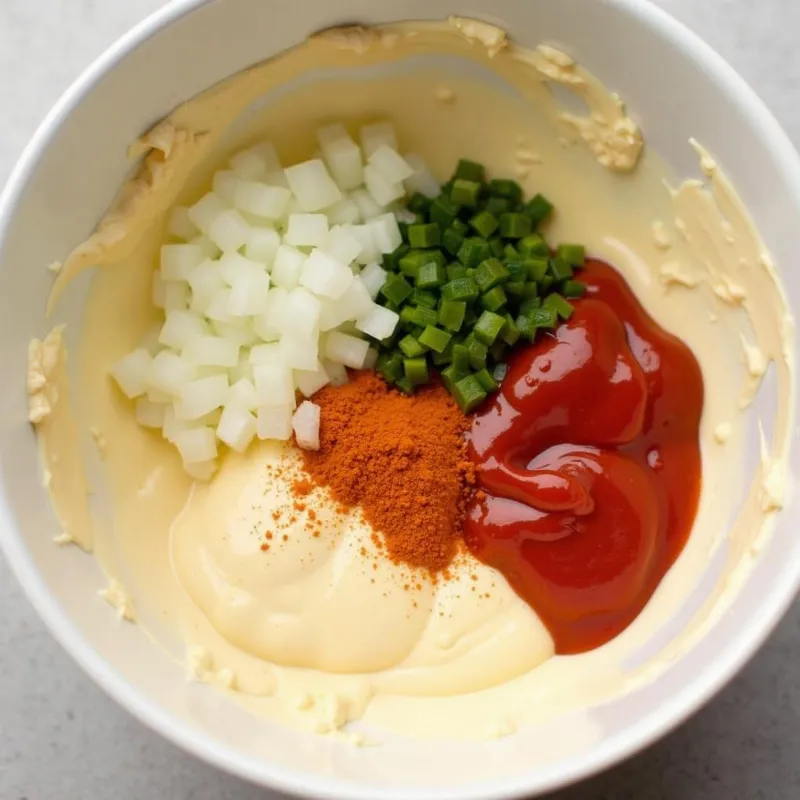 Mixing vegan thousand island dressing in a bowl