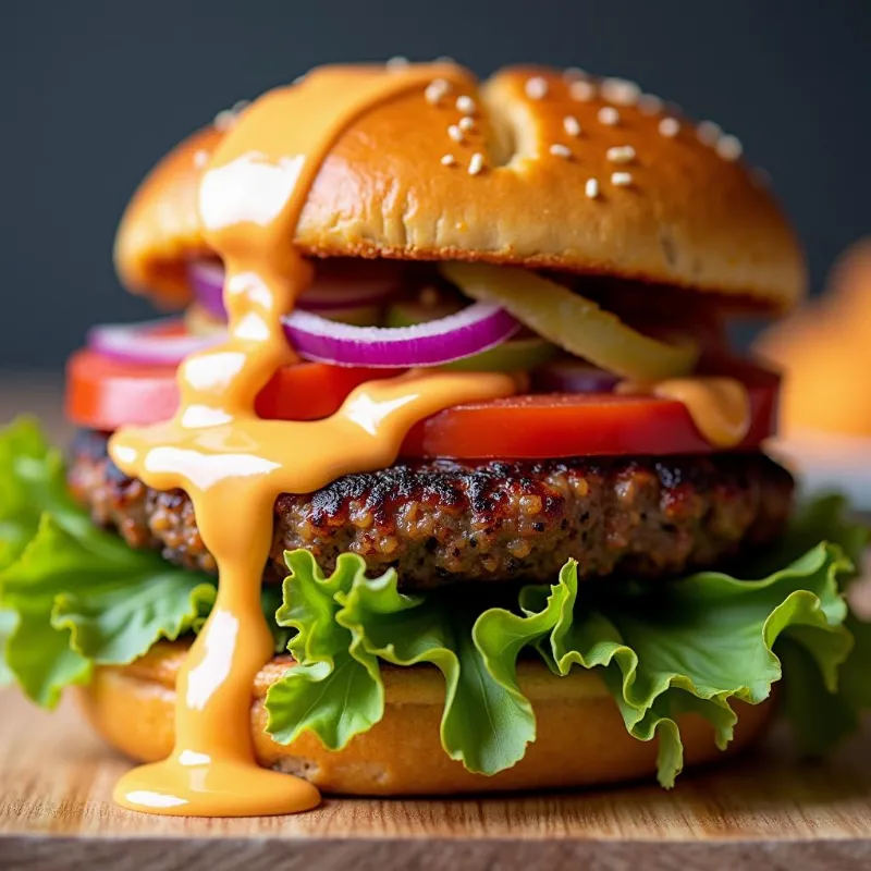 Vegan Thousand Island dressing drizzled generously over a delicious veggie burger.