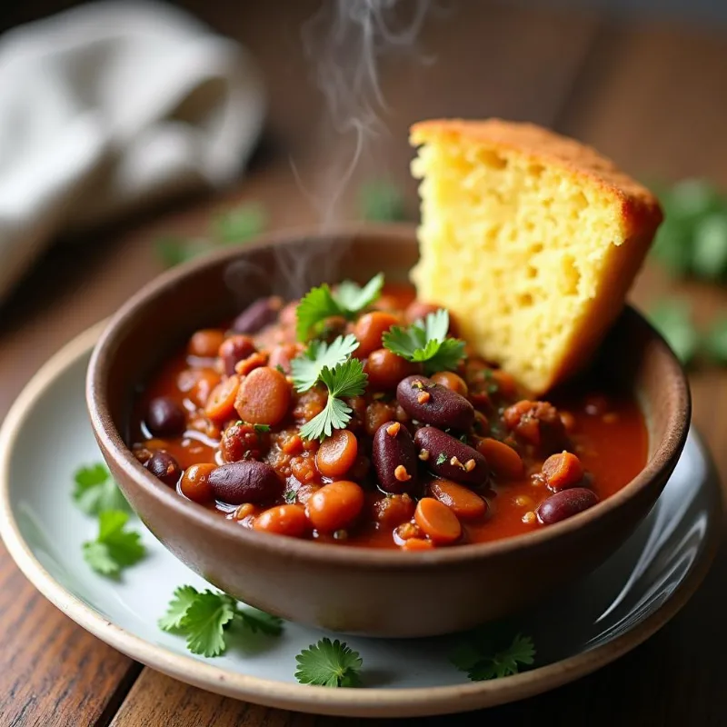 A bowl of vegan three-bean chili served with a side of cornbread.