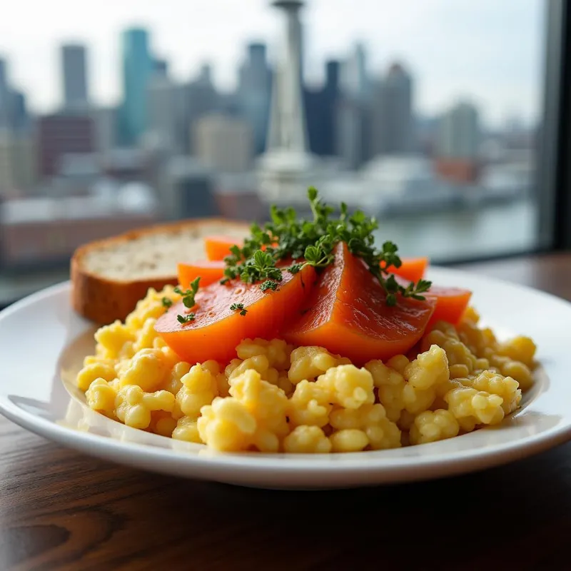 Delicious vegan tofu scramble with smoked carrot lox on a plate in Seattle