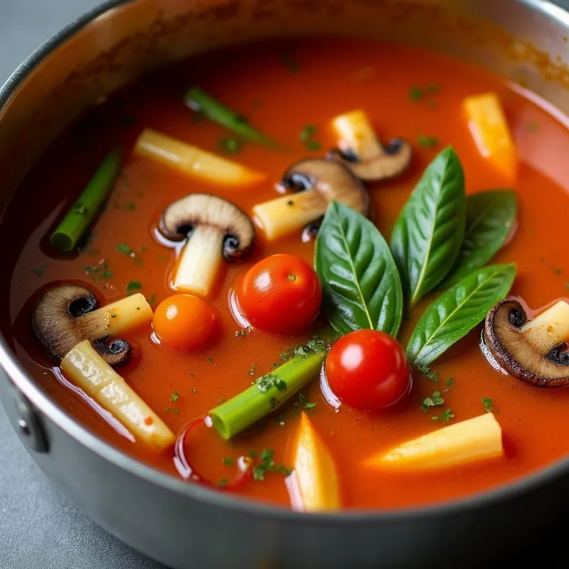 Aromatic vegan tom yum soup simmering in a pot