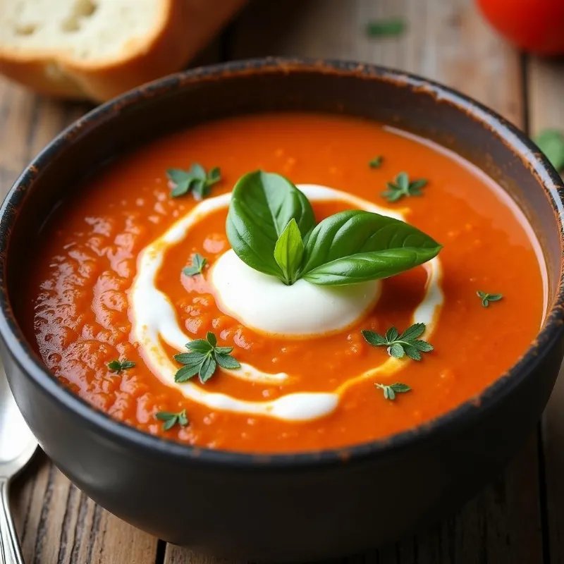 A bowl of vibrant vegan tomato basil soup, ready to serve