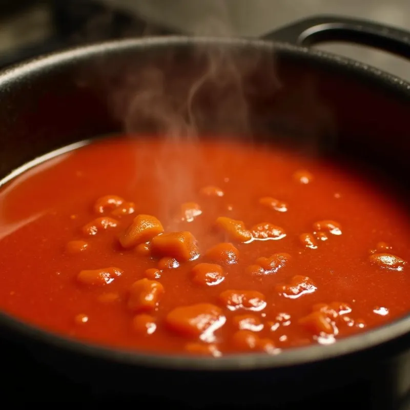 Vegan tomato basil soup simmering on a stovetop