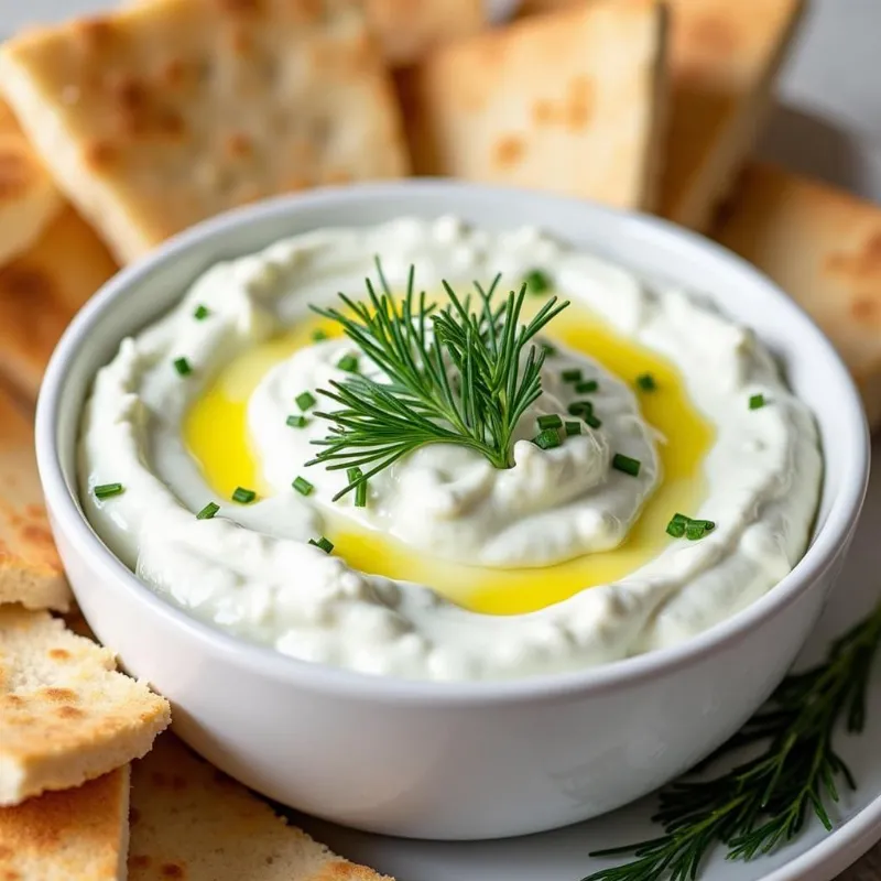 Bowl of vegan tzatziki with pita bread