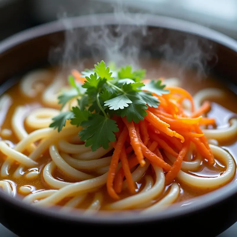 A close-up shot of a bowl of vegan udon noodle soup, adorned with garnishes.