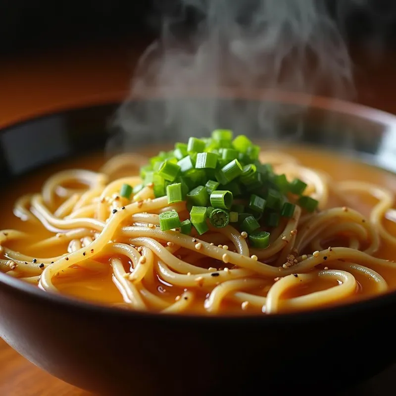 Steaming bowl of vegan udon noodle soup