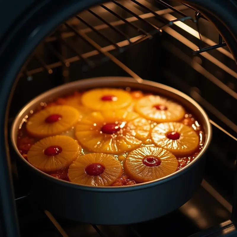 Vegan upside down cake baking in the oven.