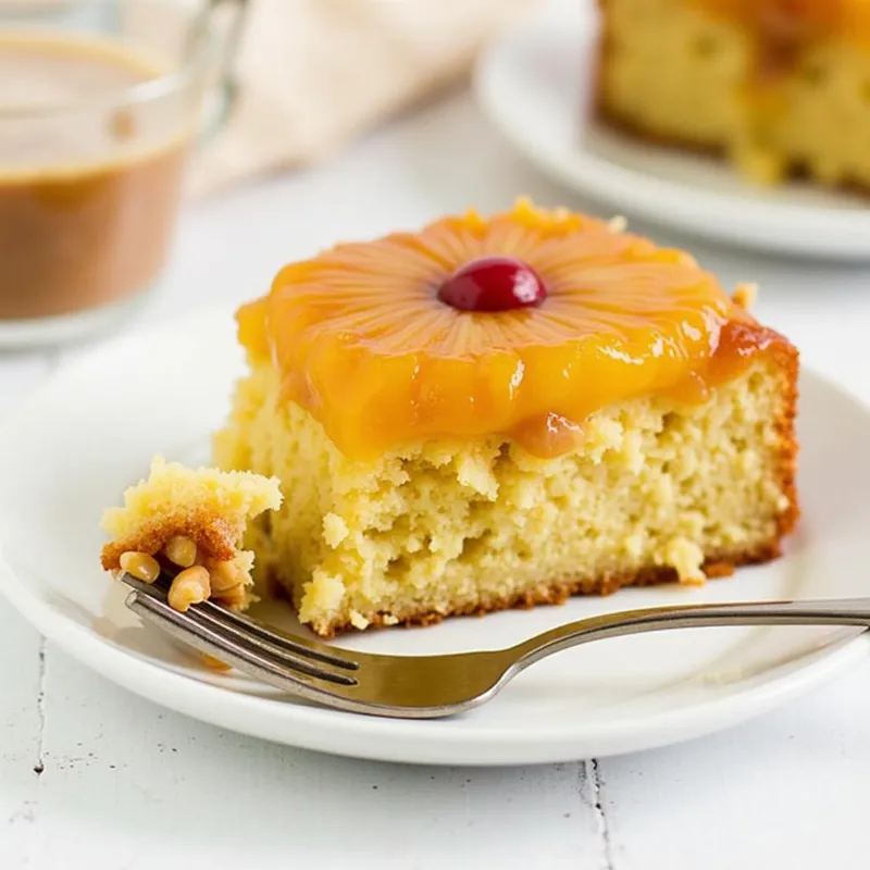 A slice of delicious vegan upside down cake on a plate.