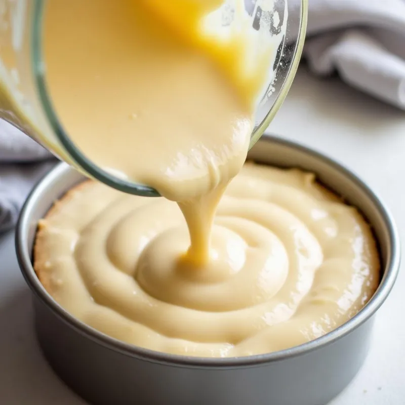 Pouring Vegan Vanilla Cake Batter into a Baking Pan