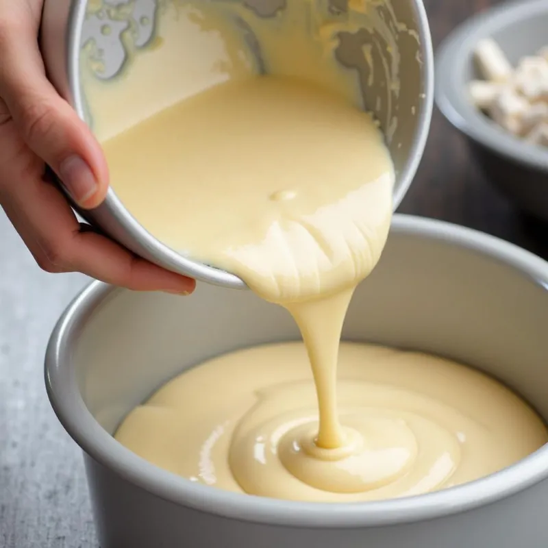 Pouring vegan vanilla cake batter into a baking pan