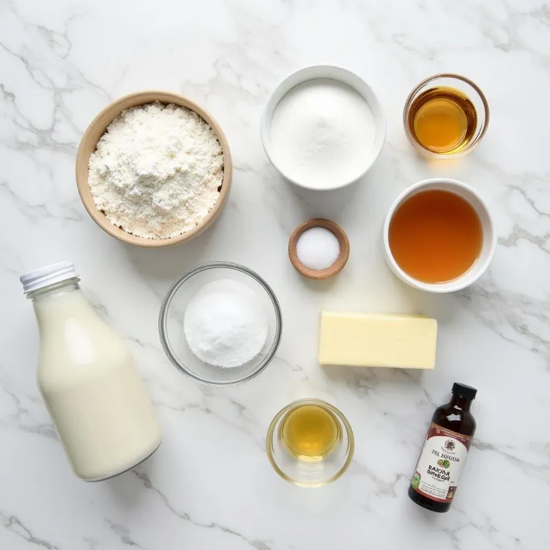 Ingredients for vegan vanilla cake arranged on a marble countertop