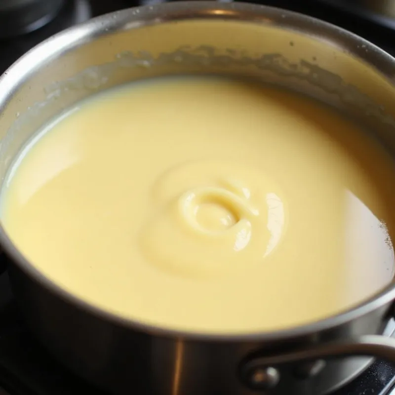 Vegan vanilla pudding cooking in a saucepan on the stovetop.