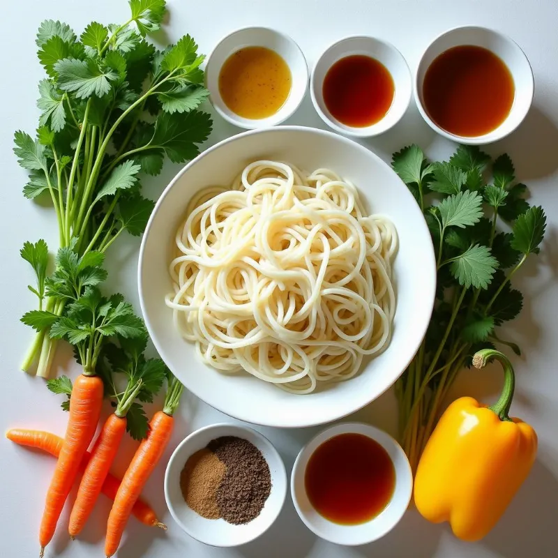 Assortment of fresh ingredients for vegan vermicelli rice noodle dishes