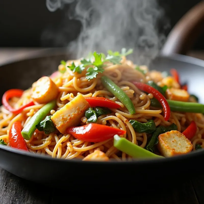 A steaming pan of colorful vegan vermicelli rice noodle stir-fry