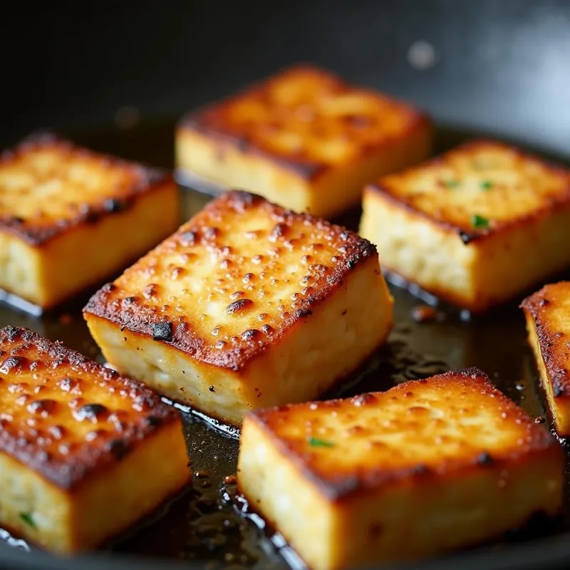 Crispy golden tofu being cooked in a skillet.