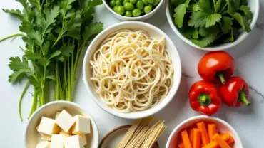 A colorful spread of fresh ingredients for a vegan Vietnamese vermicelli bowl.