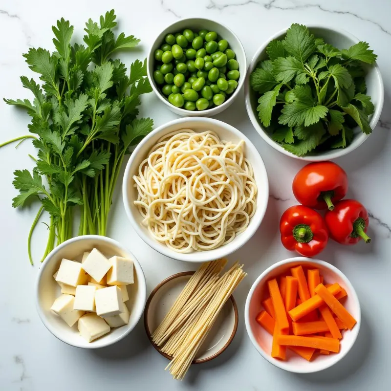 A colorful spread of fresh ingredients for a vegan Vietnamese vermicelli bowl.