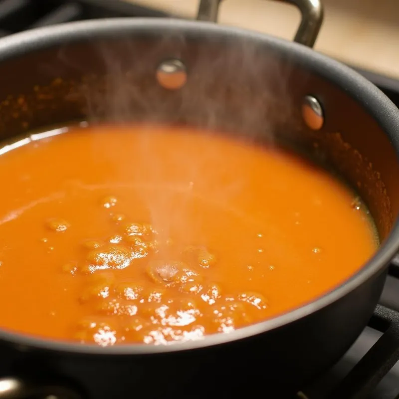 Vegan vodka sauce simmering in a saucepan