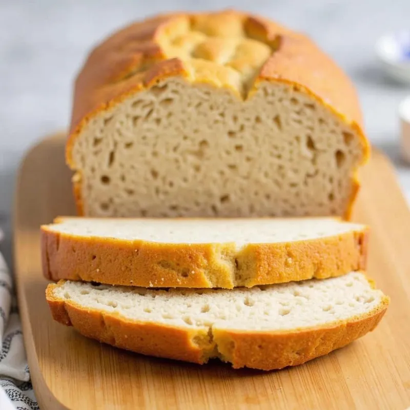  Slices of vegan wheat bread on a wooden cutting board