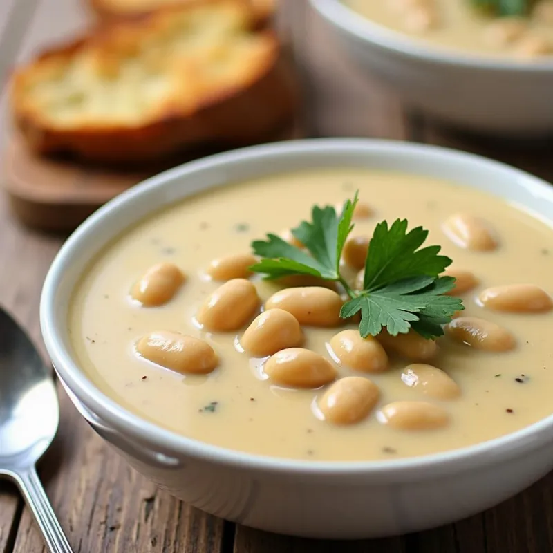 Vegan white bean soup served in a bowl