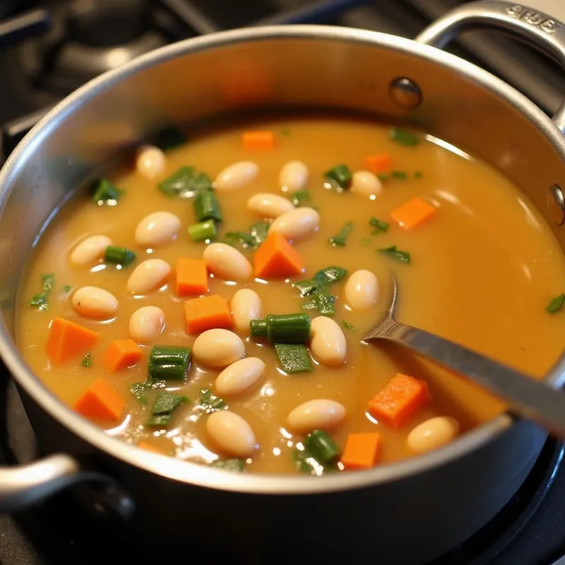 Vegan white bean soup simmering in a pot