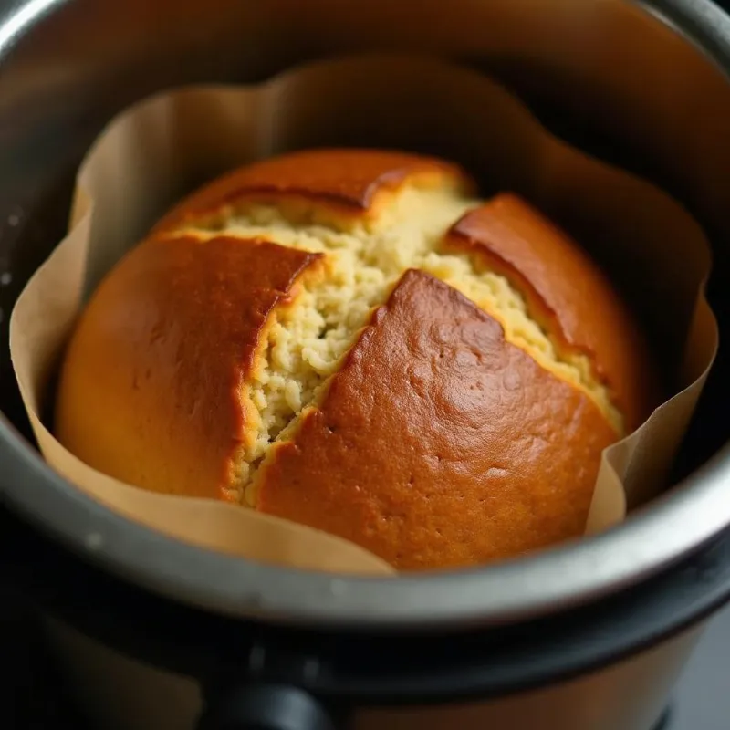 Perfectly golden brown vegan white bread baking in a bread maker