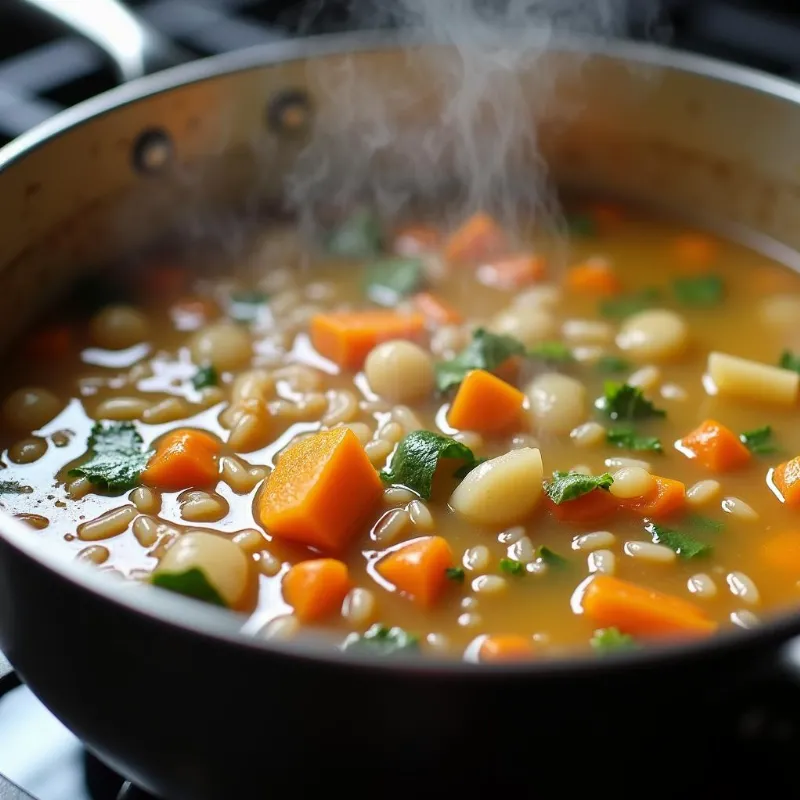 Cooking vegan wild rice soup on stovetop