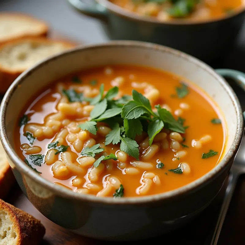 A bowl of vegan wild rice soup served with bread