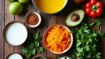 Vibrant yellow curry ingredients arranged on a table