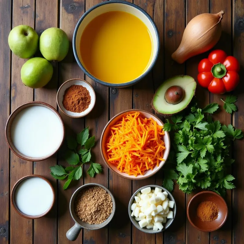 Vibrant yellow curry ingredients arranged on a table