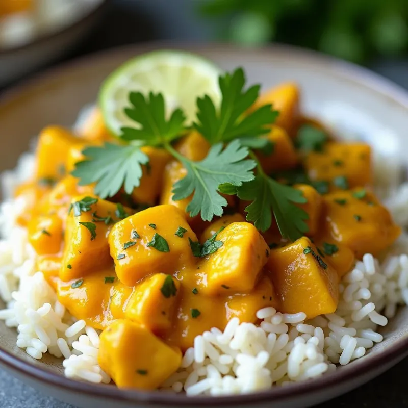  A bowl of vegan yellow curry served with rice and garnished with cilantro