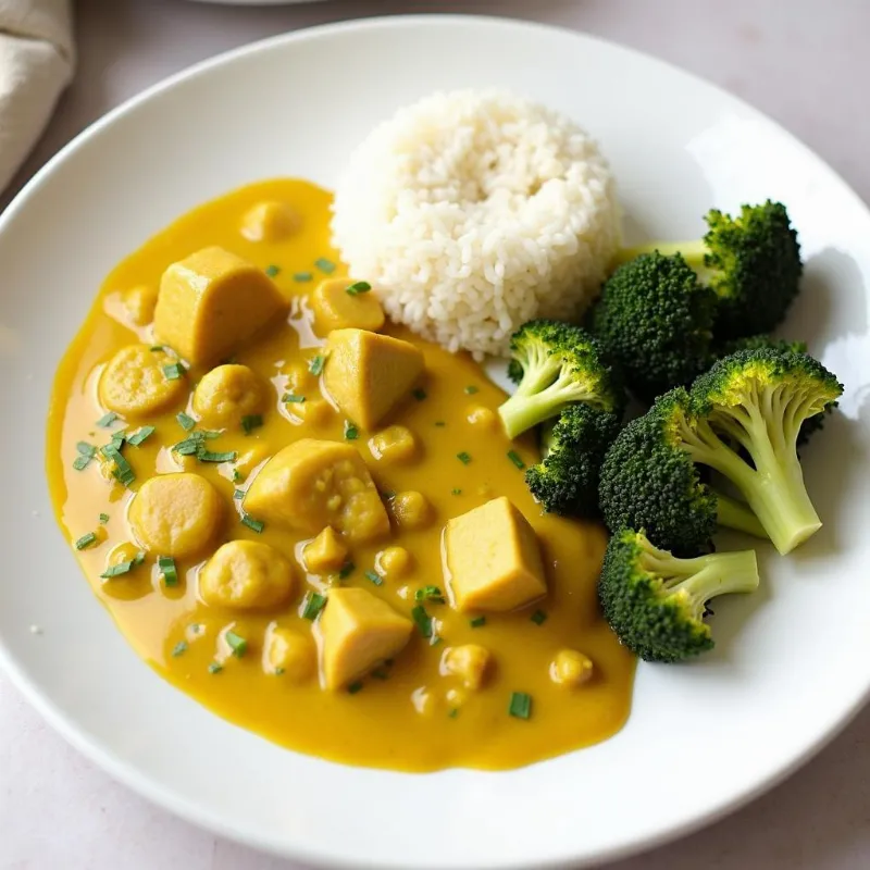 Vegan Yellow Curry on a Plate with Coconut Rice and Roasted Broccoli