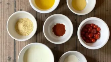 Vegan yum yum sauce ingredients arranged in bowls