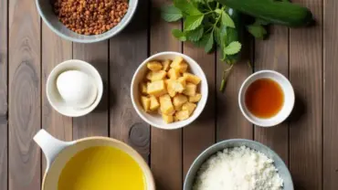 Vegan zucchini muffins ingredients laid out on a table