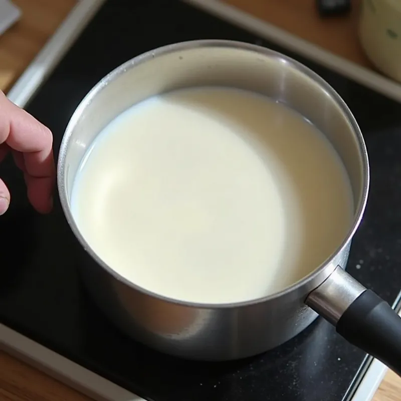 Plant-based milk warming in a saucepan on the stovetop