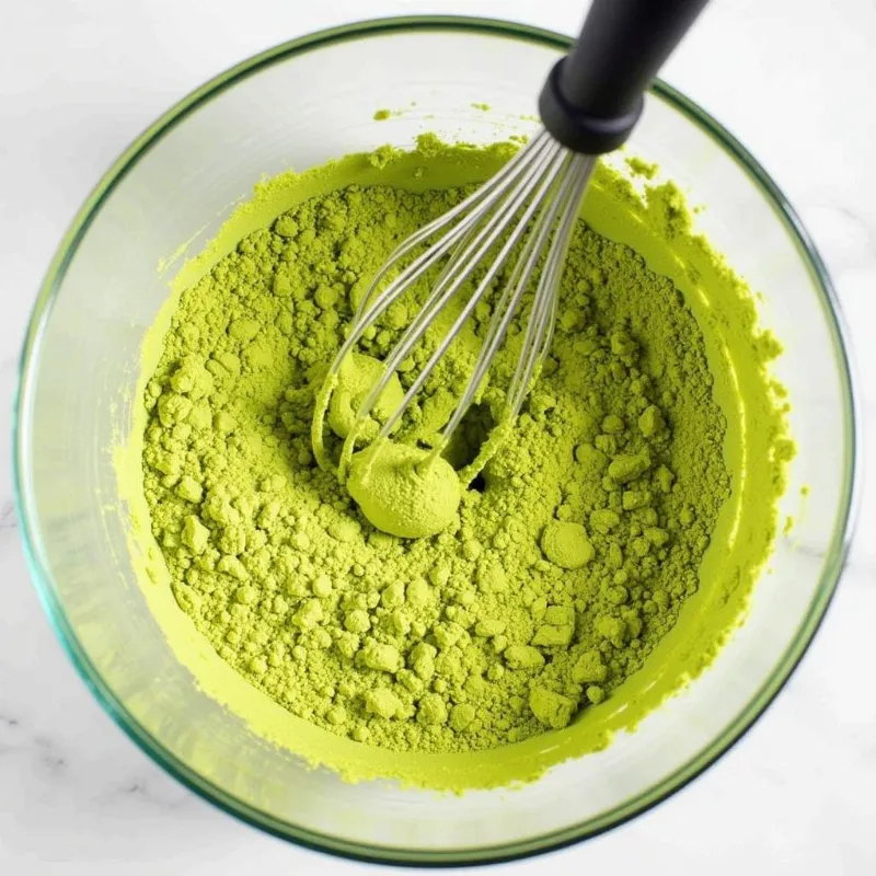 Whisking together dry ingredients for vegan matcha cake