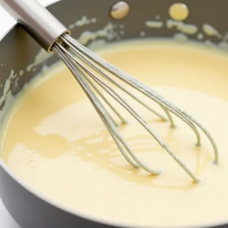 Whisking ingredients for vegan coconut milk alfredo sauce in a saucepan